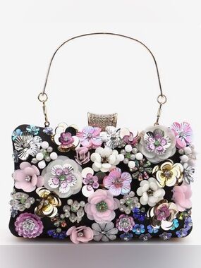 Nu Shuz Key West Black Multi Color Pastels Floral Embellished Top-Handle Clutch